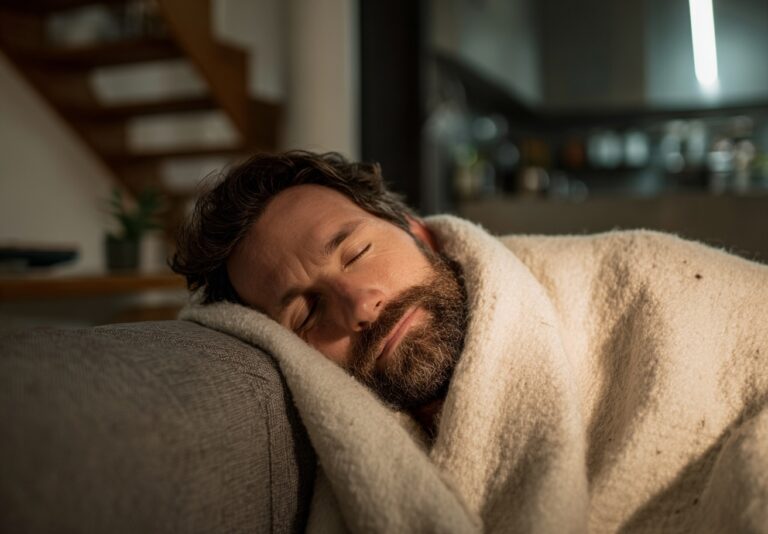 tired male sleeping in living room possibly due to low testosterone