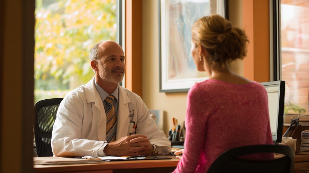 Doctor consulting with a female patient about Gonadorelin for fertility treatment options.