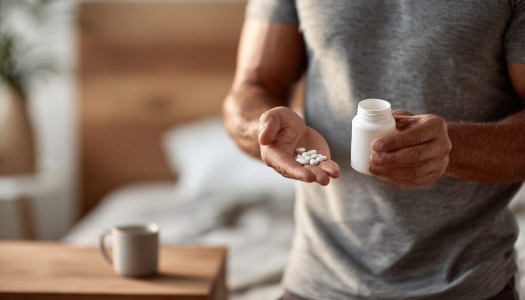 male holding a white pill bottle with meds in his hand
