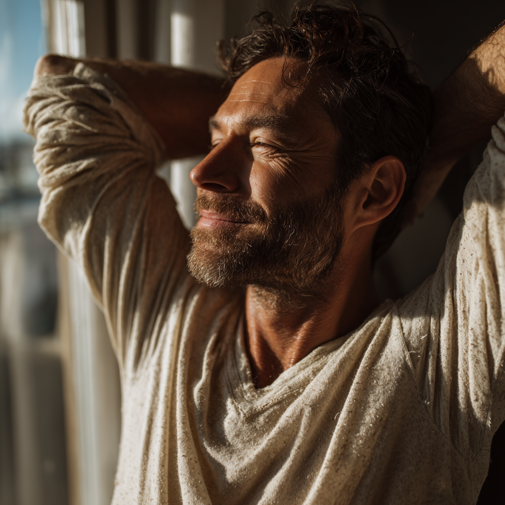 man happy and stretching in morning