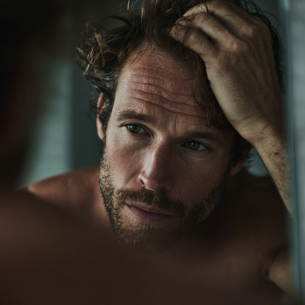 man checking mirror for hair loss