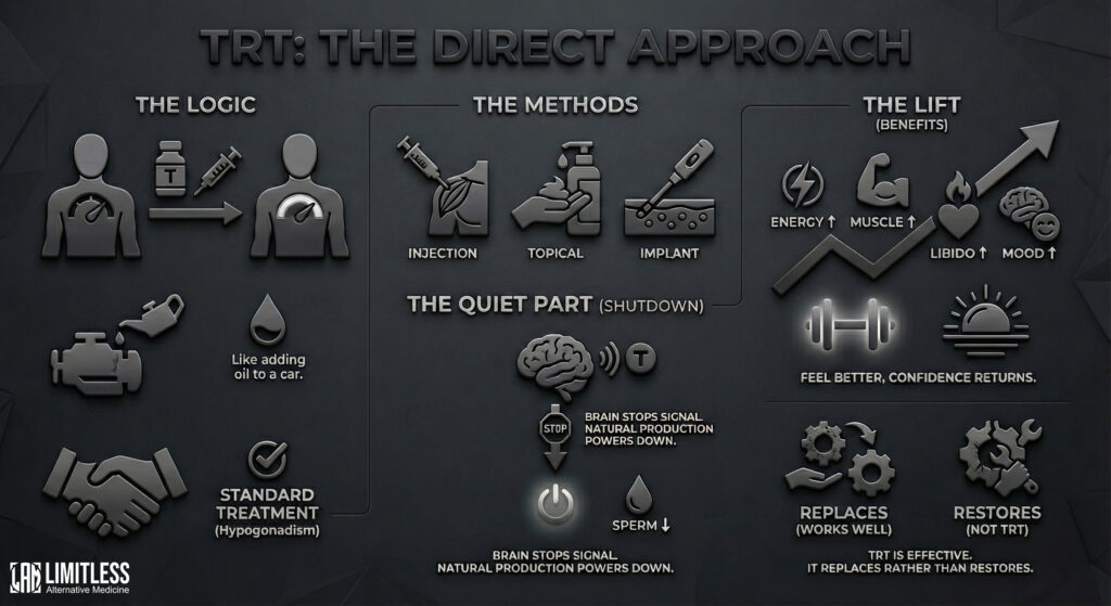 infographic of trt, the logic, methods and benefits of using trt