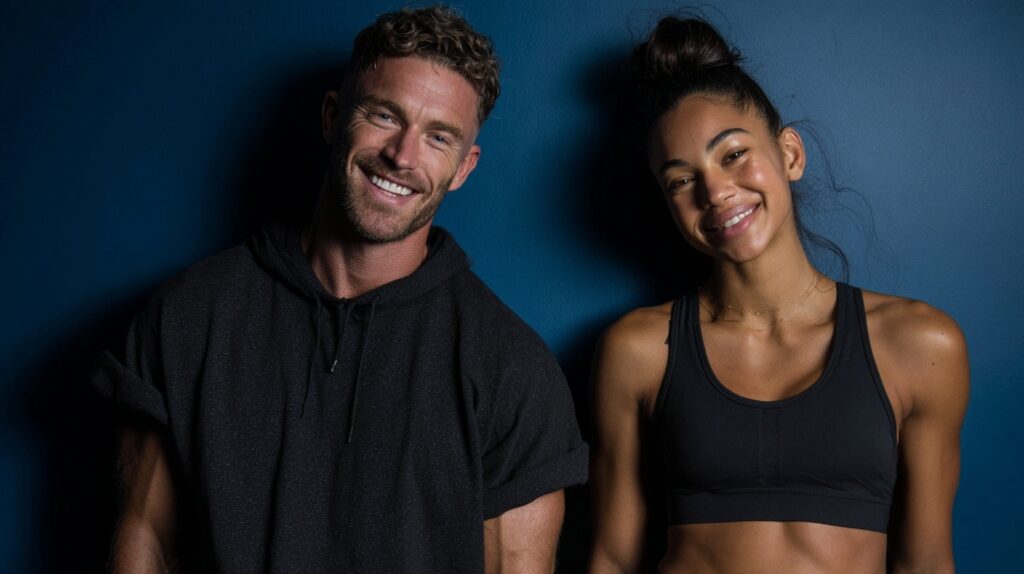 couple smiling in front of a blue photo backdrop