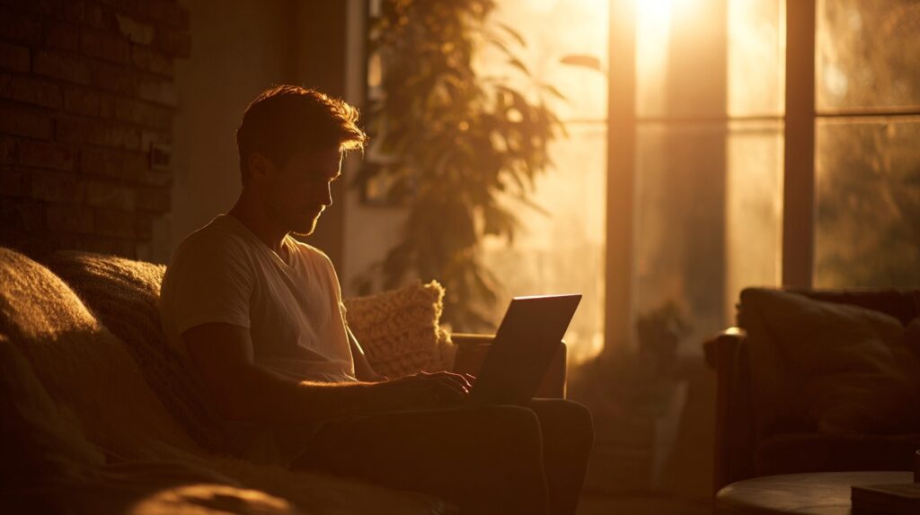 male in his living room researching as the sun rises