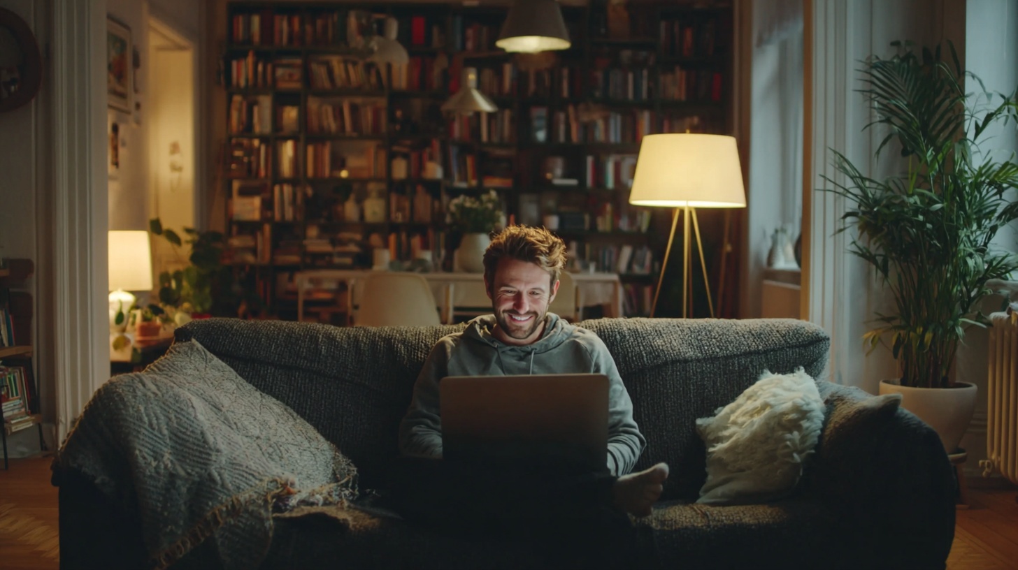 male researching on laptop in room with big bookshelf in the background