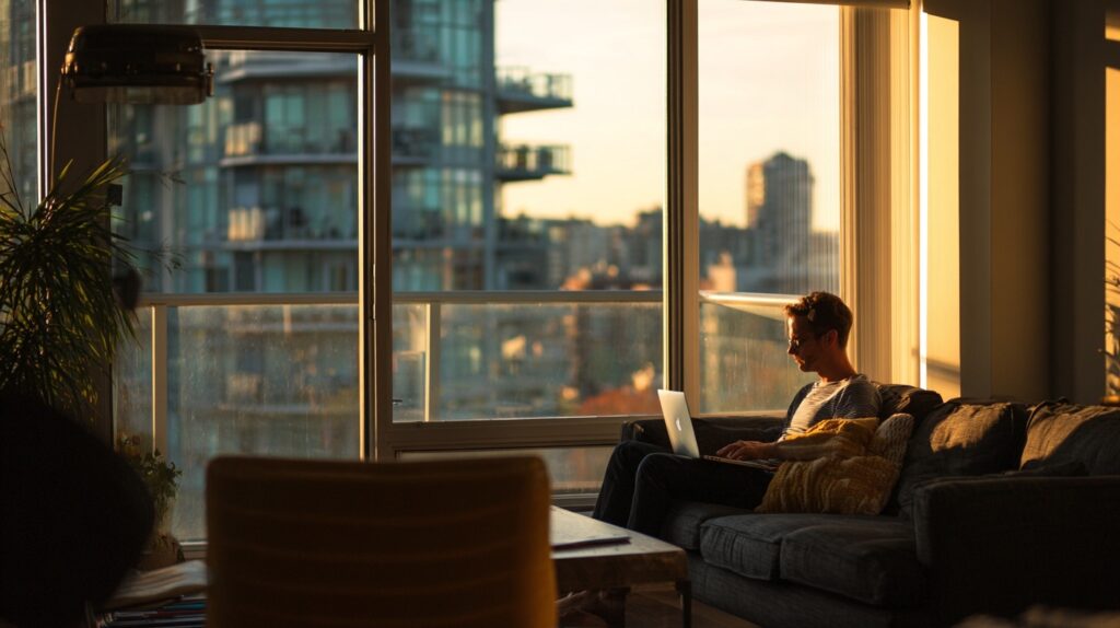 male researching in his living room for telehealth