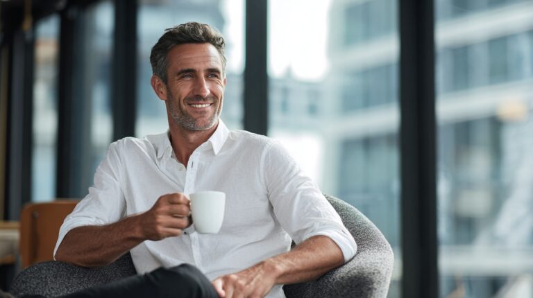 male with coffee by office window holding coffee mug