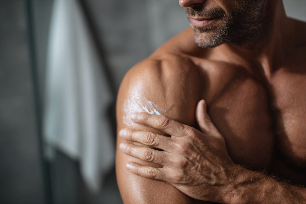 male using testosterone gel on shoulder