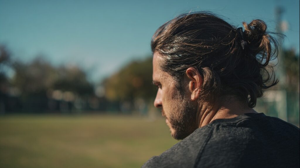 male at a park looking down and tired from possible low t symptoms
