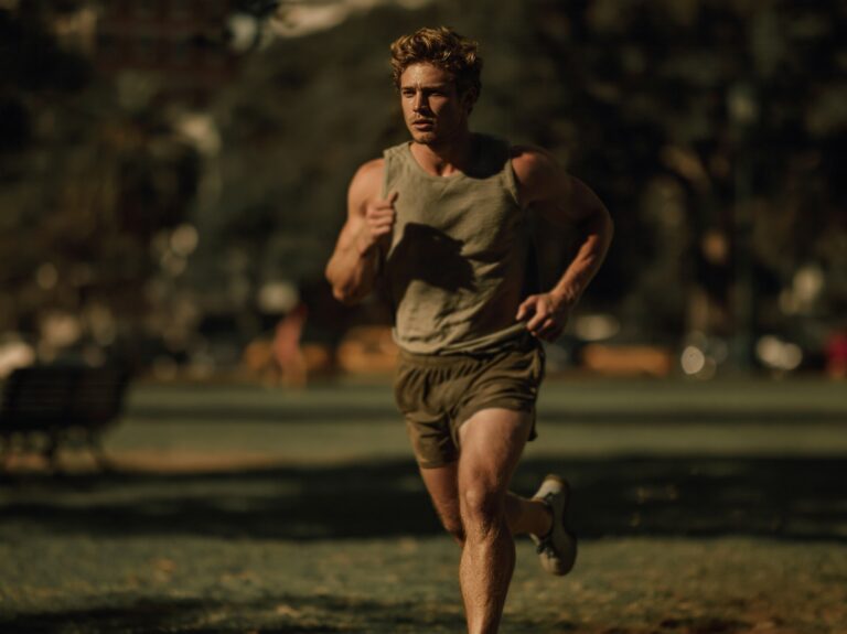 male running in the park, used bpc 157 for recovery