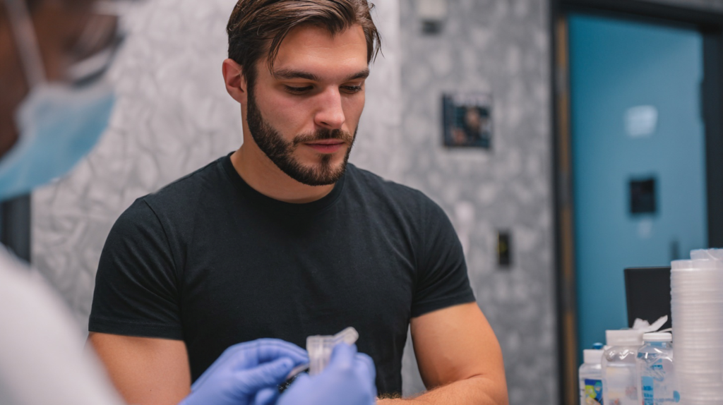 male getting tested for symptoms of low libido, fatigue, and weak erections.