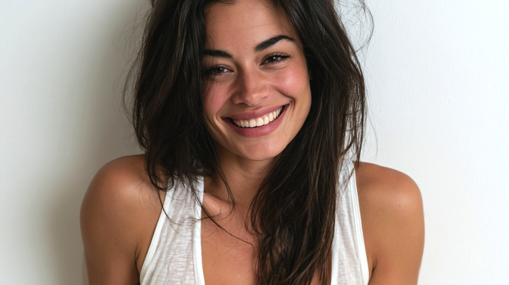Woman smiling in a white shirt with a white background