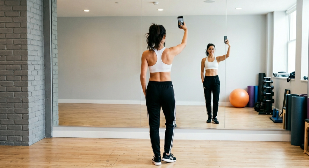 female gym goer in a gym studio checking for glow peptides visual changes