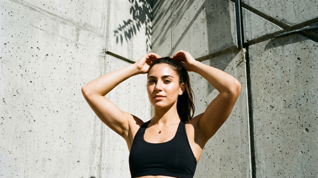 woman in gym outfit outside with healthy skin showing glow peptides as a possible reason