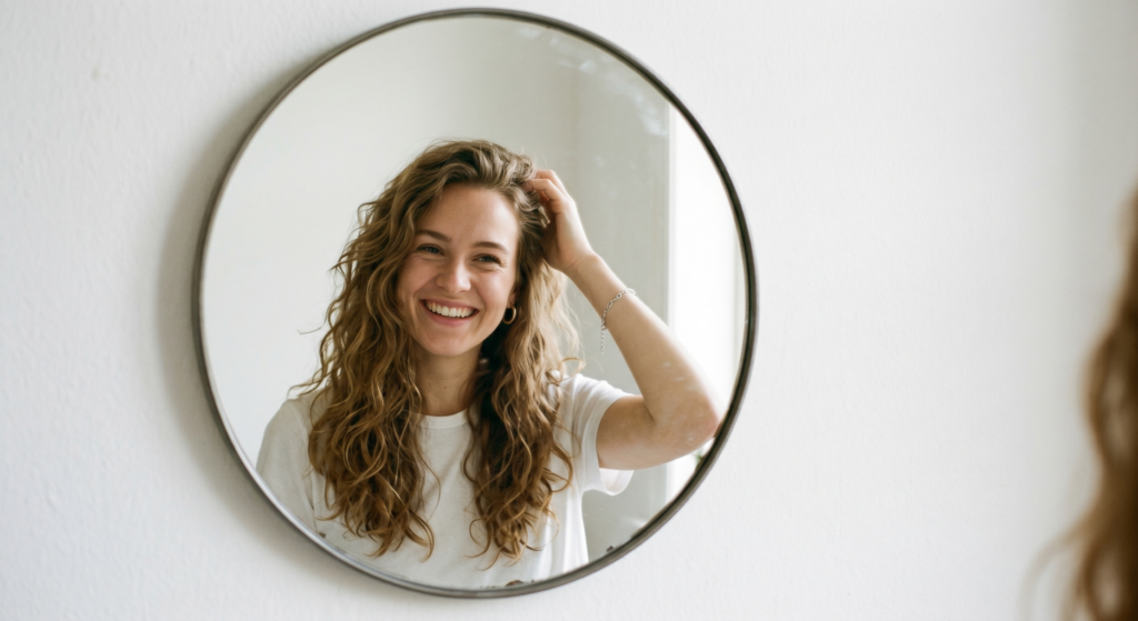 woman looking into the mirror smiling as she is happy with her glow plus protocol
