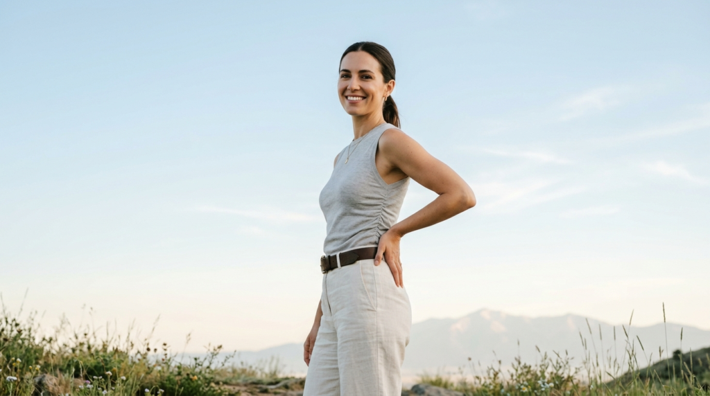 Woman smiling outside in the mountains on a clear day happy with her glow peptides
