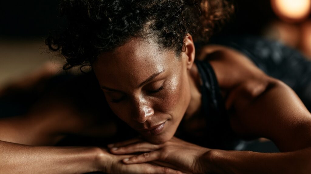 Woman laying with a relaxed and calm face as the light radiates upon her skin from glow peptides