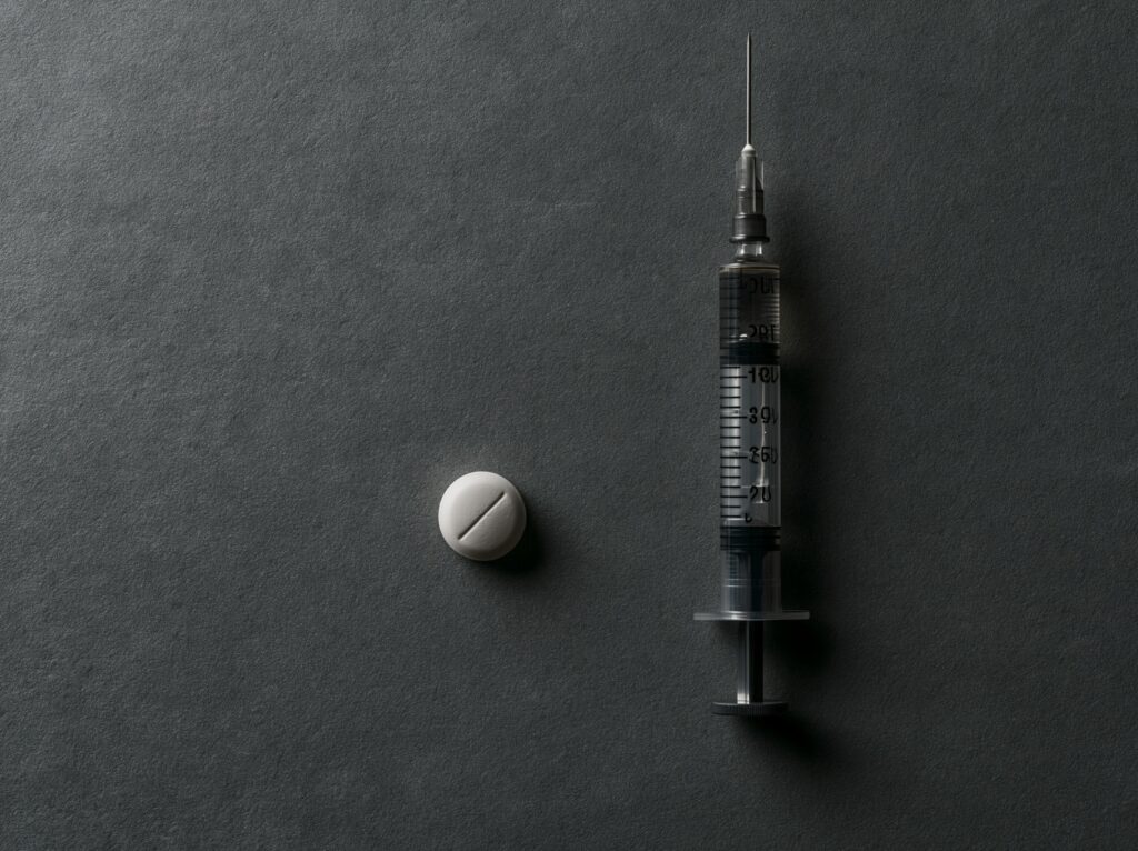 Oral GLP-1 pill next to injectable syringe on black surface