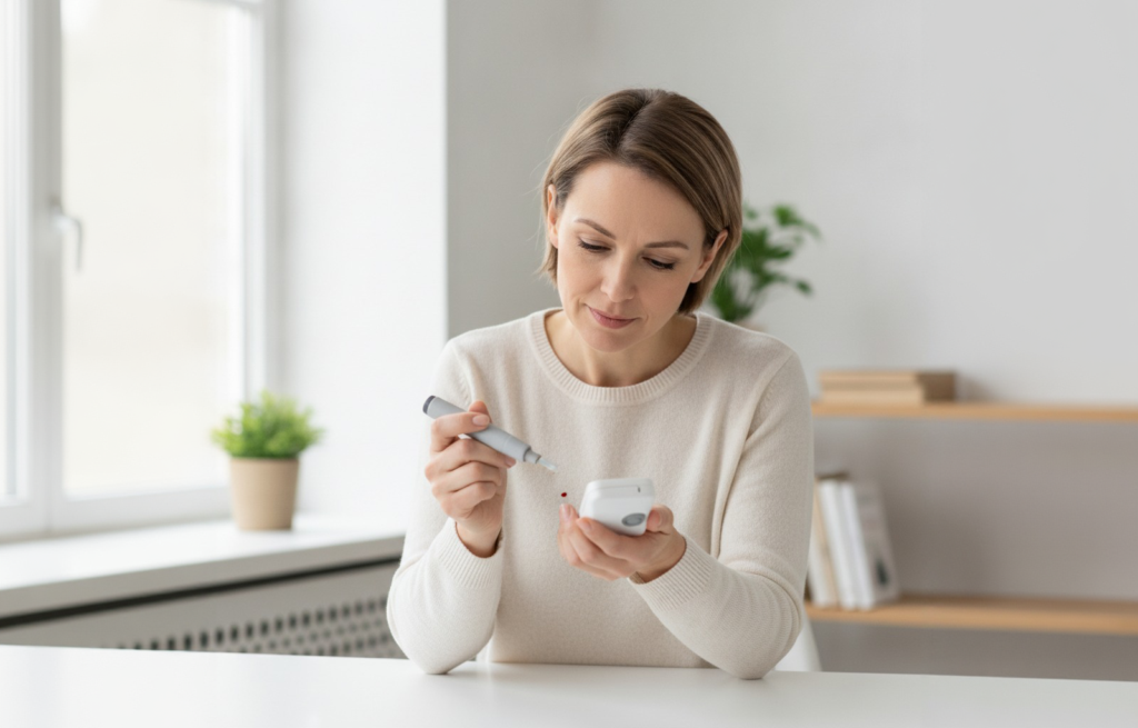 Woman in late 30s checking blood sugar levels